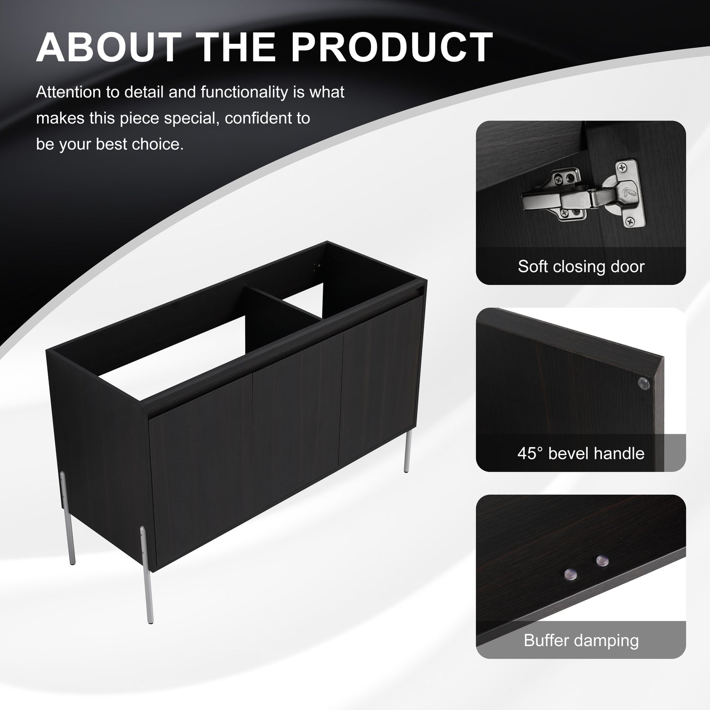 Dark wood bathroom vanity with softclose doors