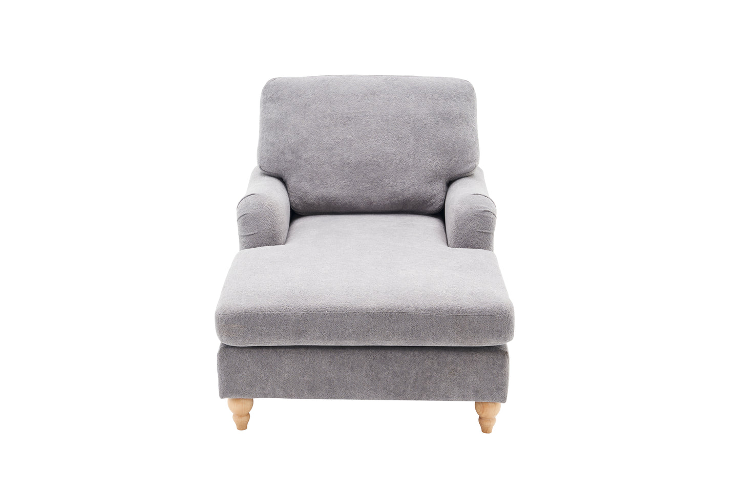 Gray fabric chaise lounge with tufted backrest and wooden legs