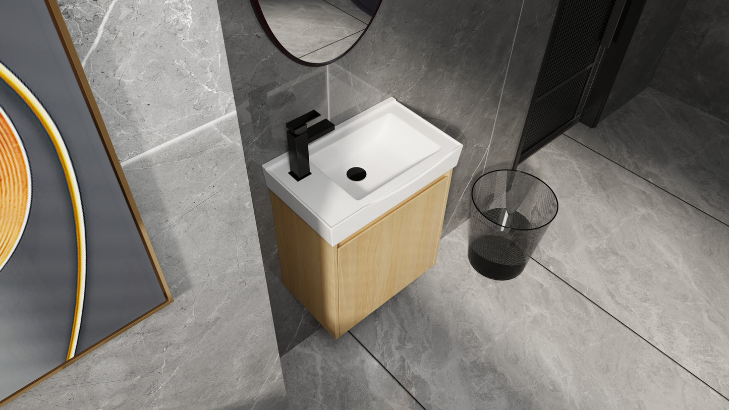 Modern white ceramic vessel sink with black faucet on oak vanity