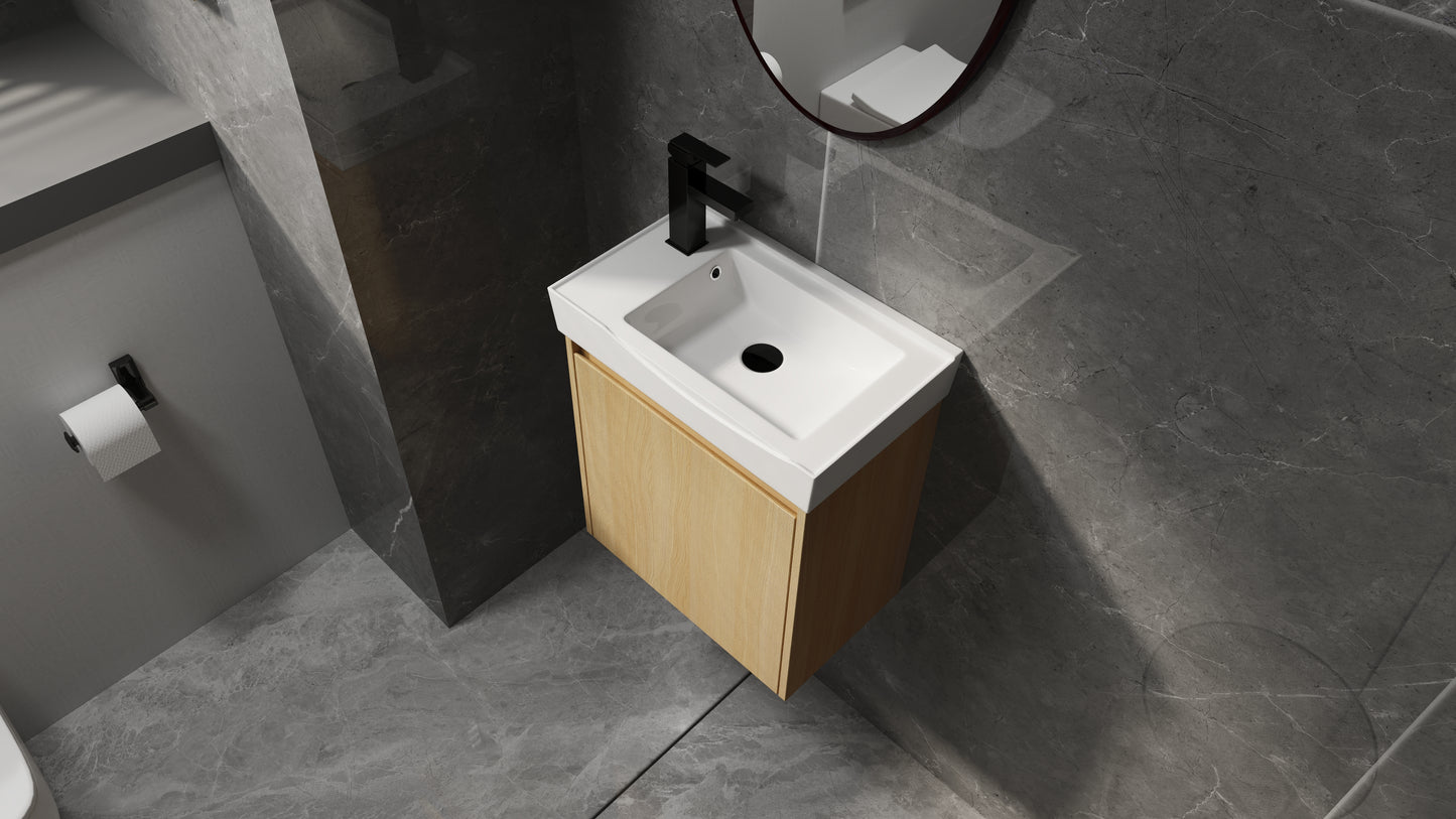 Modern white ceramic bathroom sink with natural wood vanity and black faucet