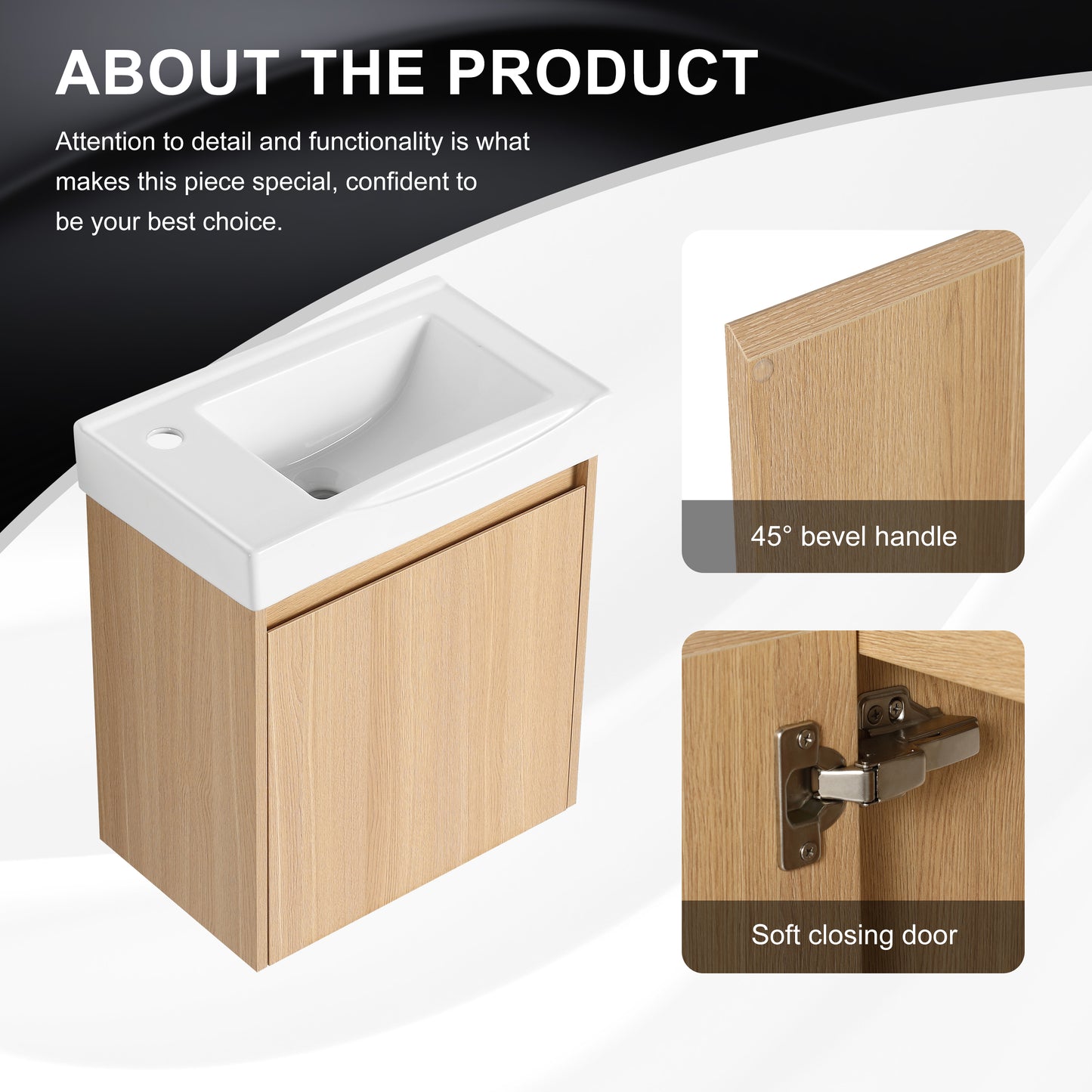 Oak veneer vanity with white ceramic basin and single softclose door