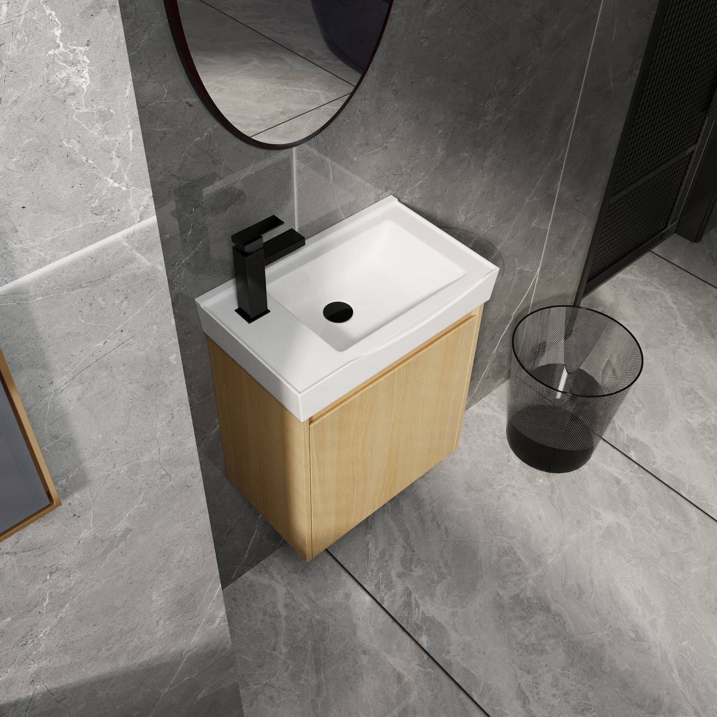 Modern white basin with wood vanity cabinet and black faucet