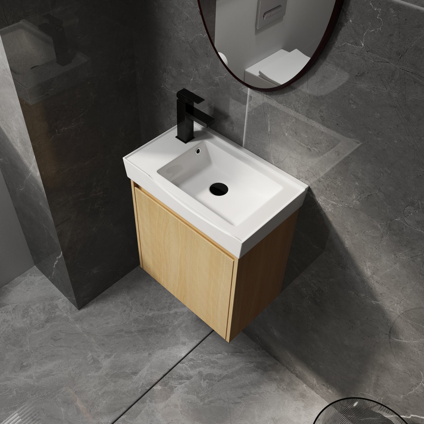Modern bathroom vanity with a white ceramic sink and natural wood cabinet