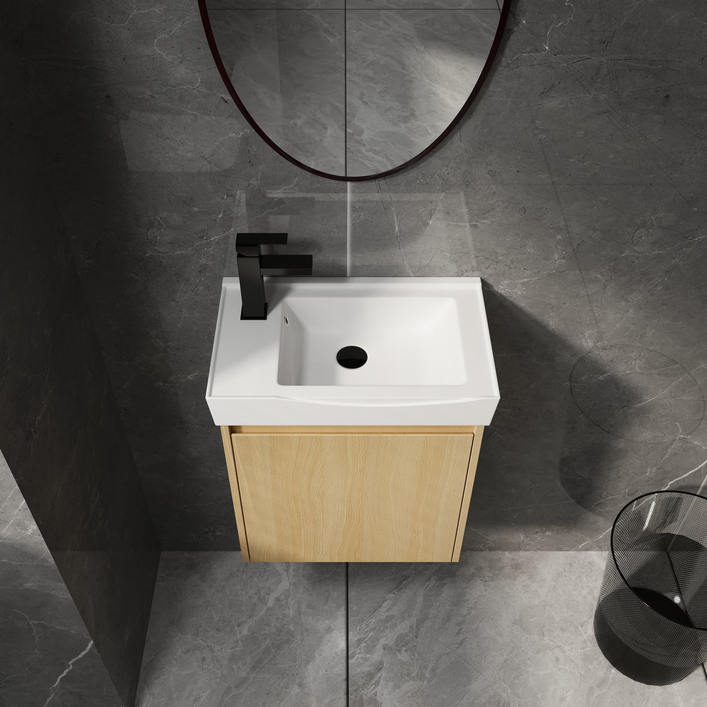 Modern white ceramic wallmount sink with a black faucet and light wood cabinet