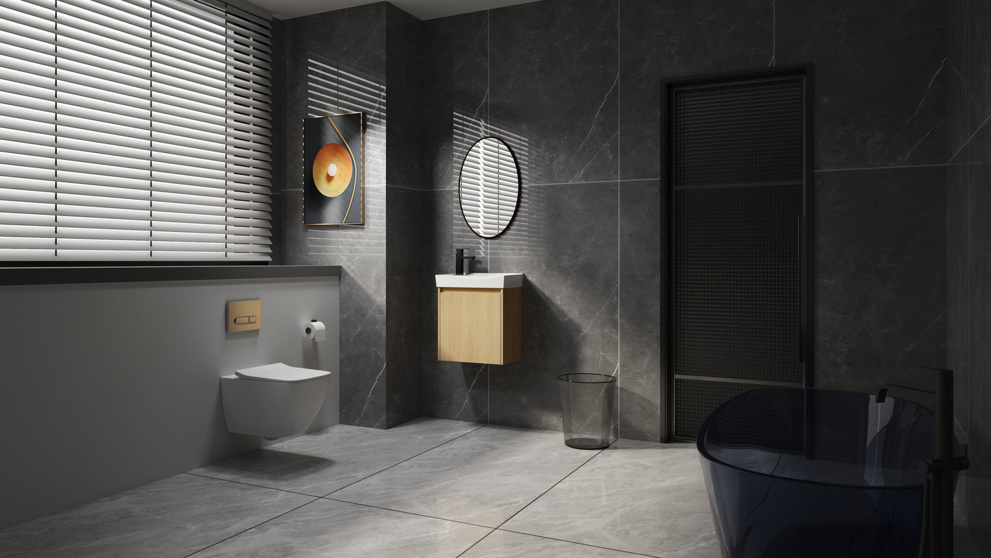 Modern floating bathroom vanity with wooden drawers and white countertop