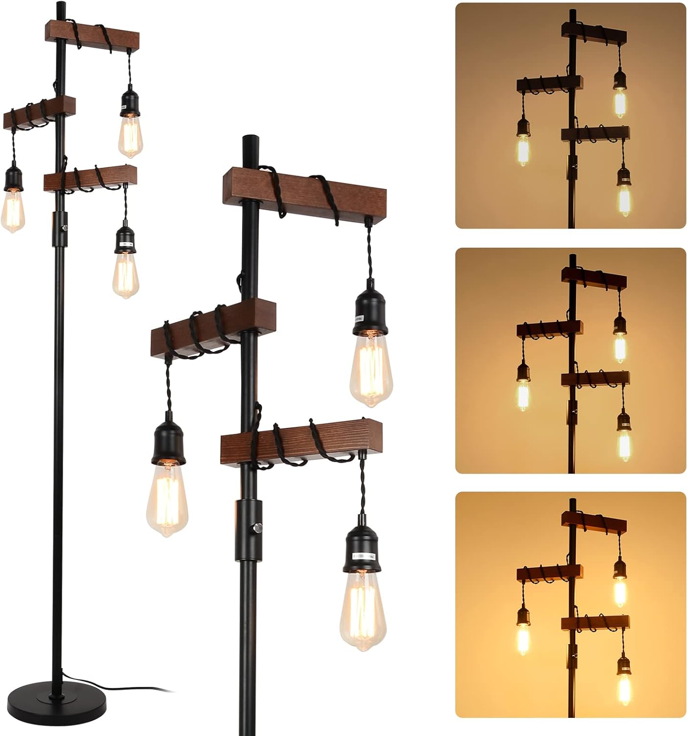 Industrial floor lamp with four Edison bulbs and dark wood accents