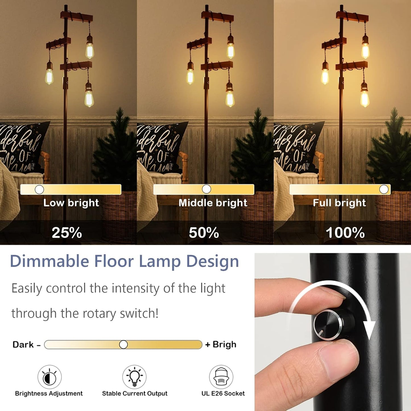 Rustic floor lamp with Edison bulbs shown at low brightness