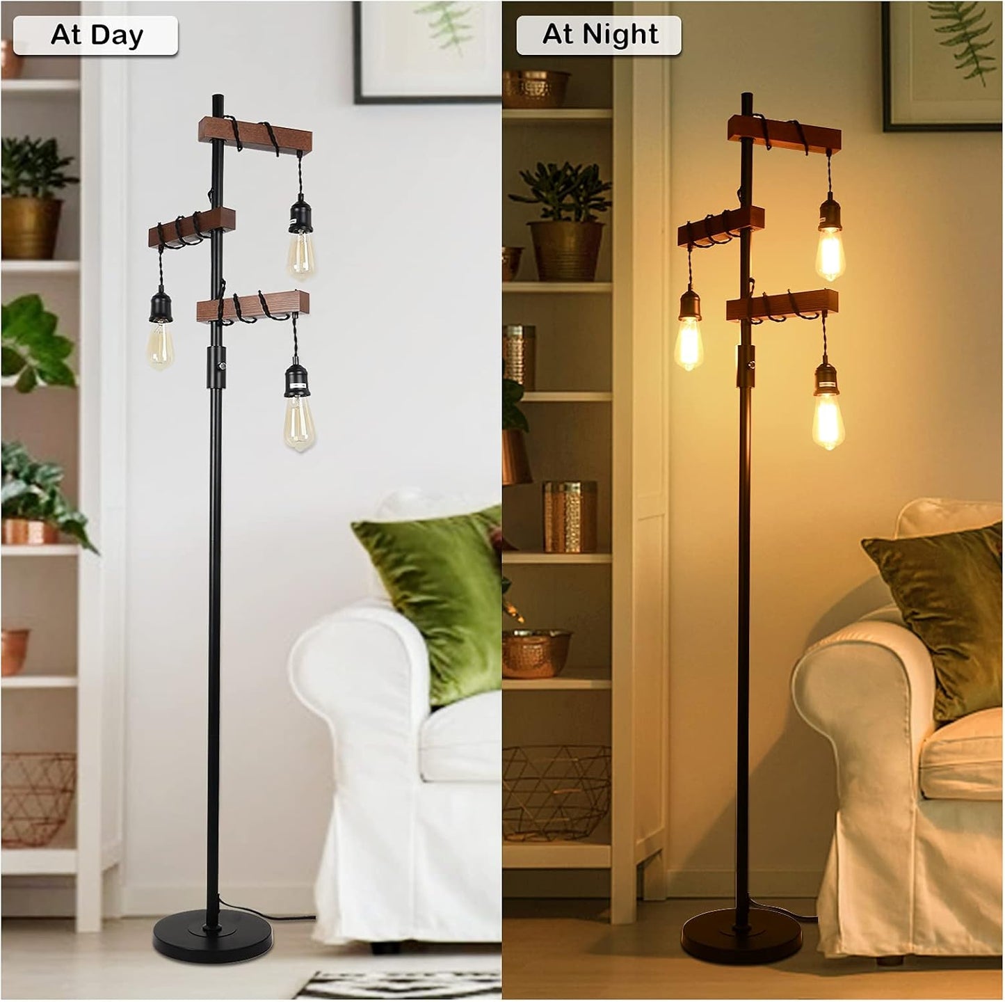 Rustic floor lamp with three Edison bulbs and wood accents