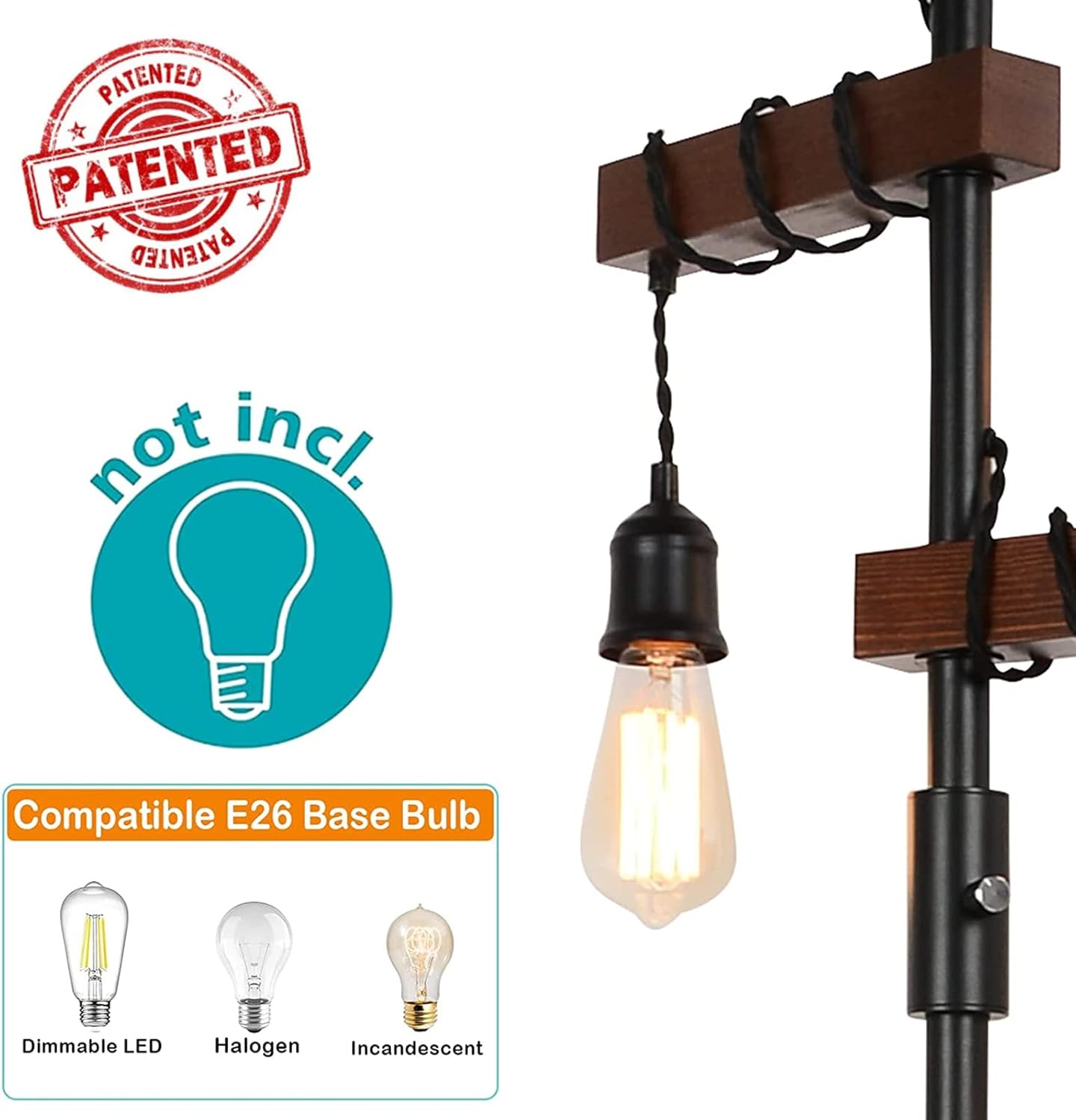 Rustic industrial floor lamp with wood accents and Edison bulb