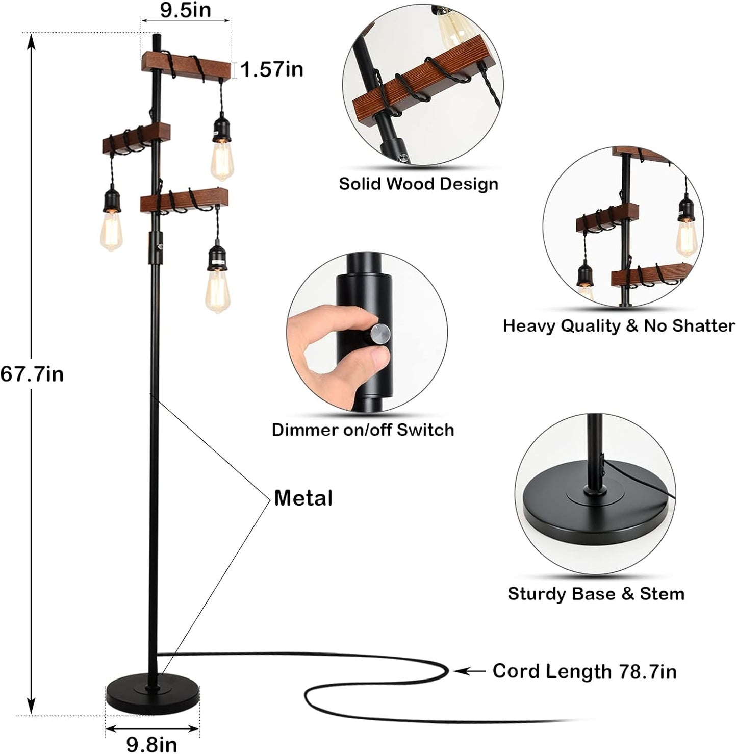 Rustic industrial floor lamp with three Edison bulbs and solid wood accents