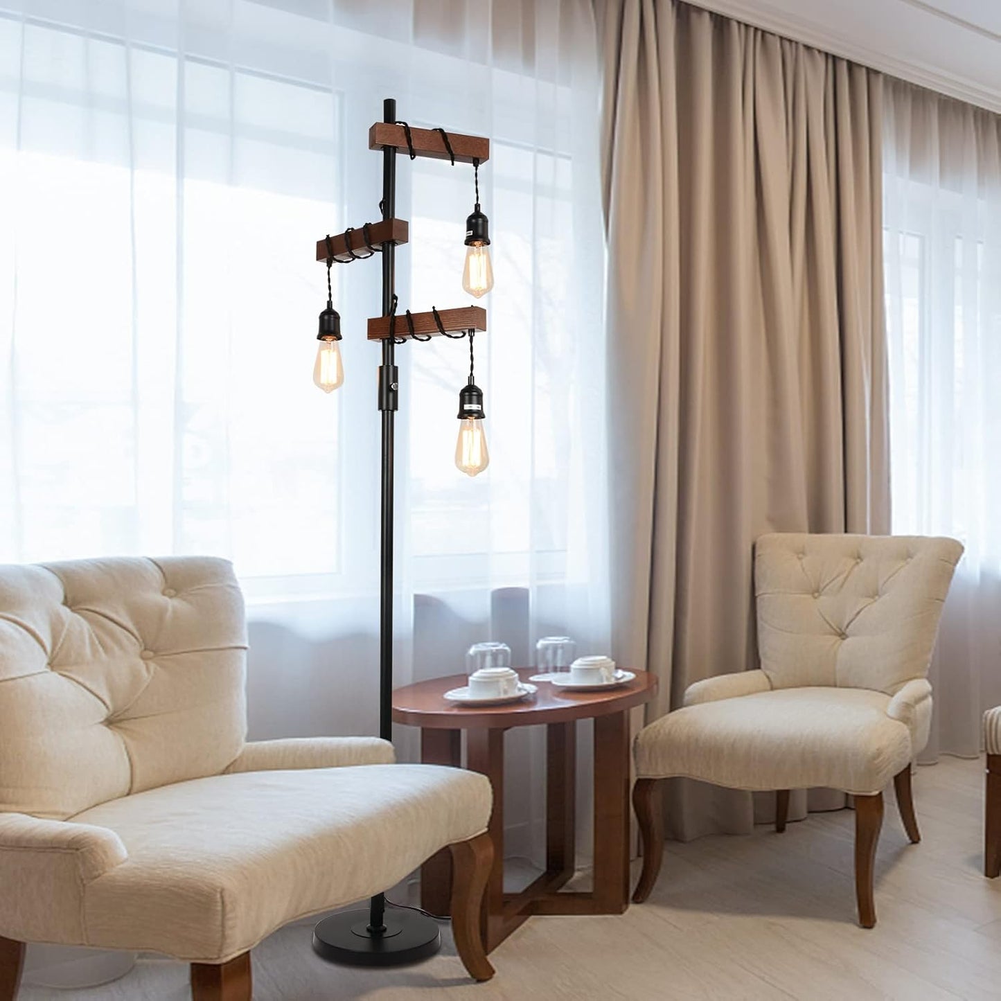 Rustic industrial floor lamp with three exposed Edison bulbs and dark wood accents