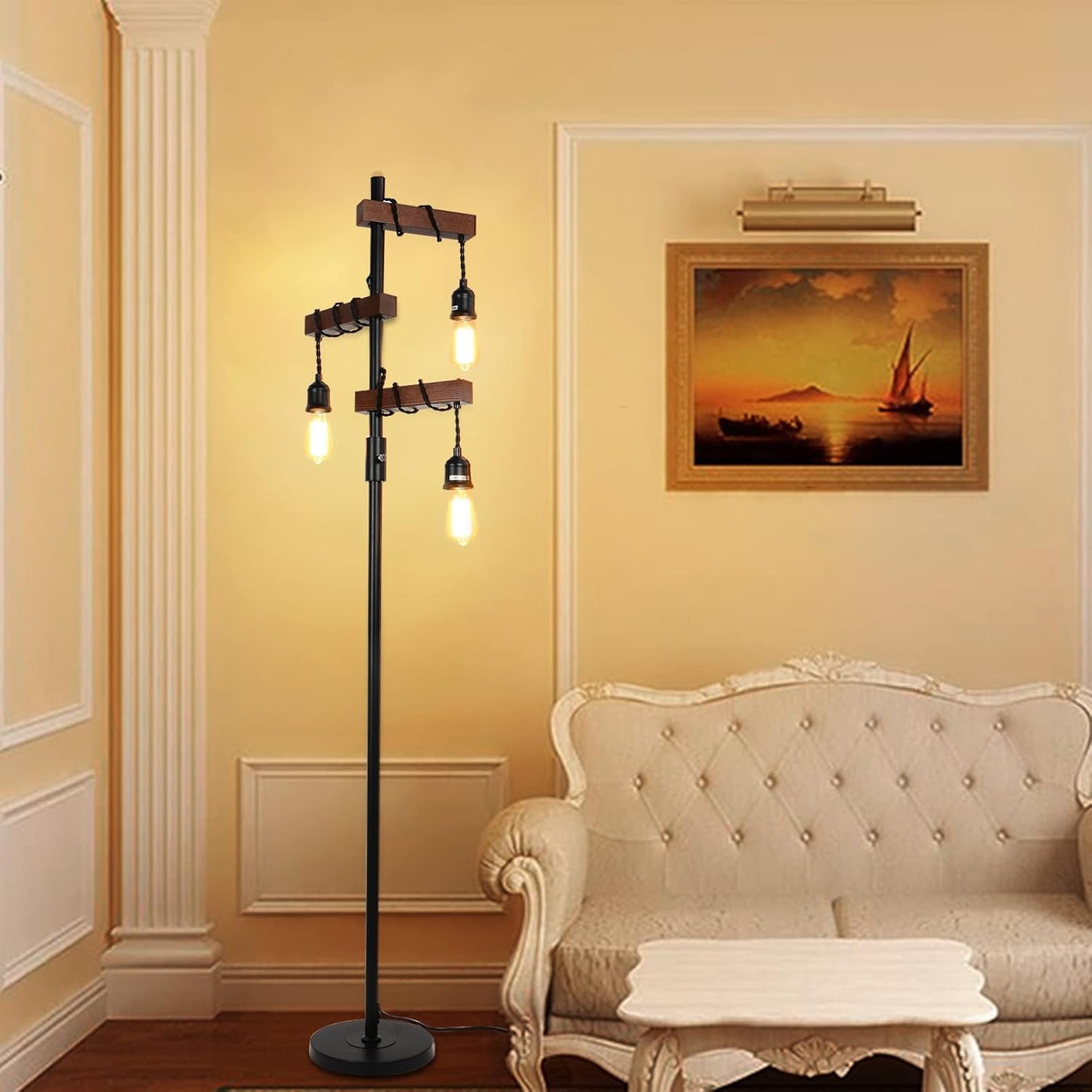 Rustic floor lamp with three Edison bulbs and wooden accents