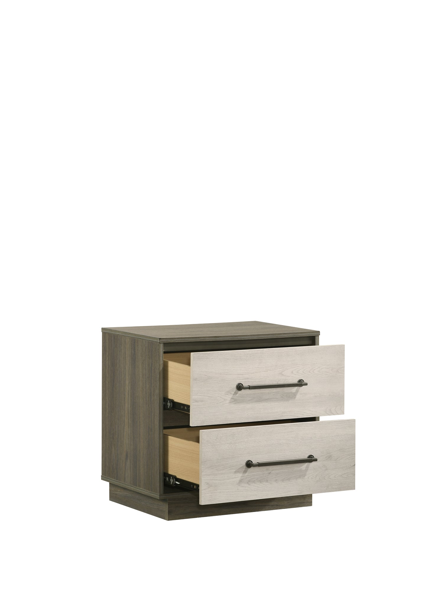 Rustic grey and white twodrawer nightstand with dark metal hardware