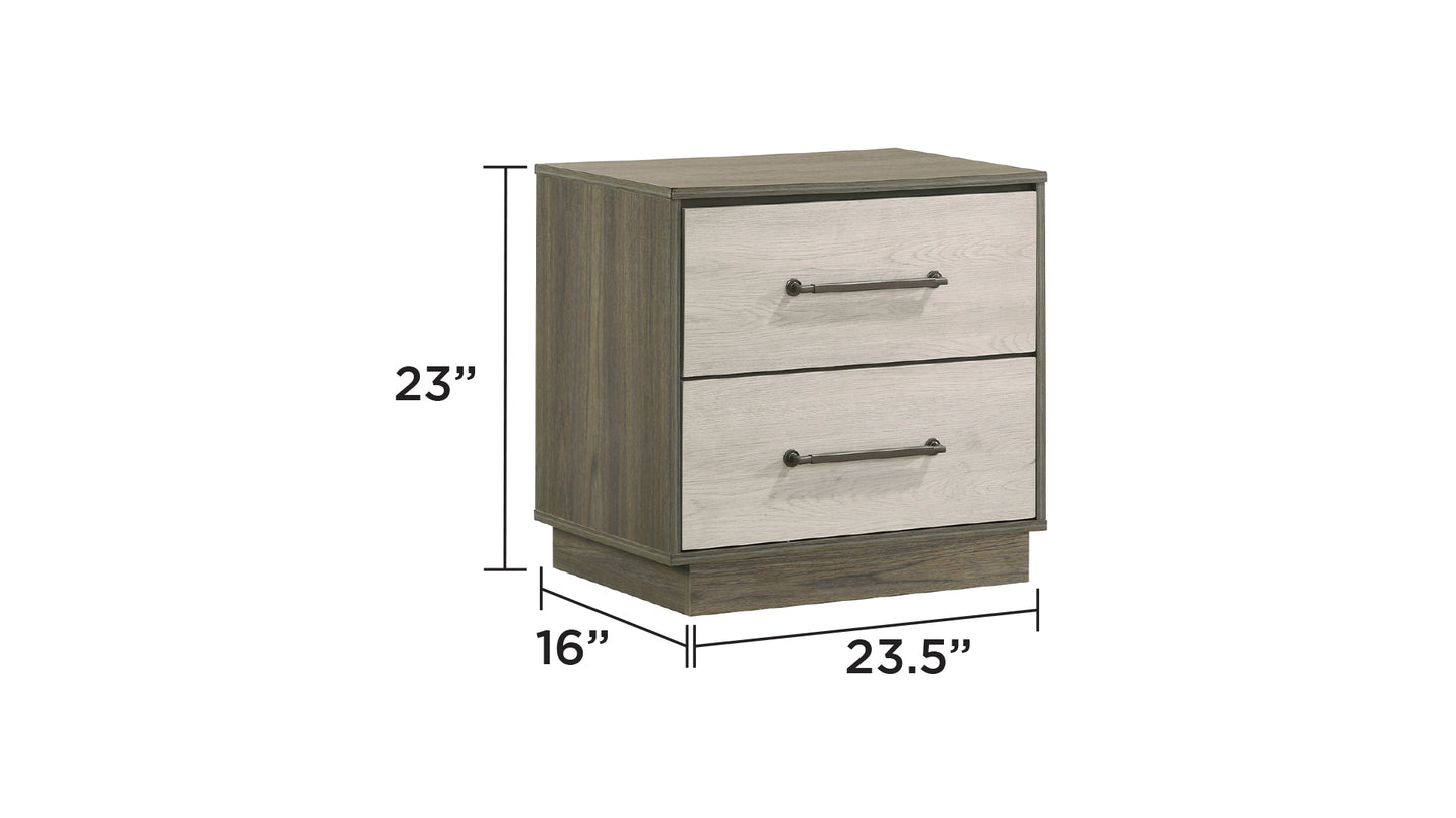 Rustic twodrawer nightstand with weathered wood finish and brushed nickel hardware