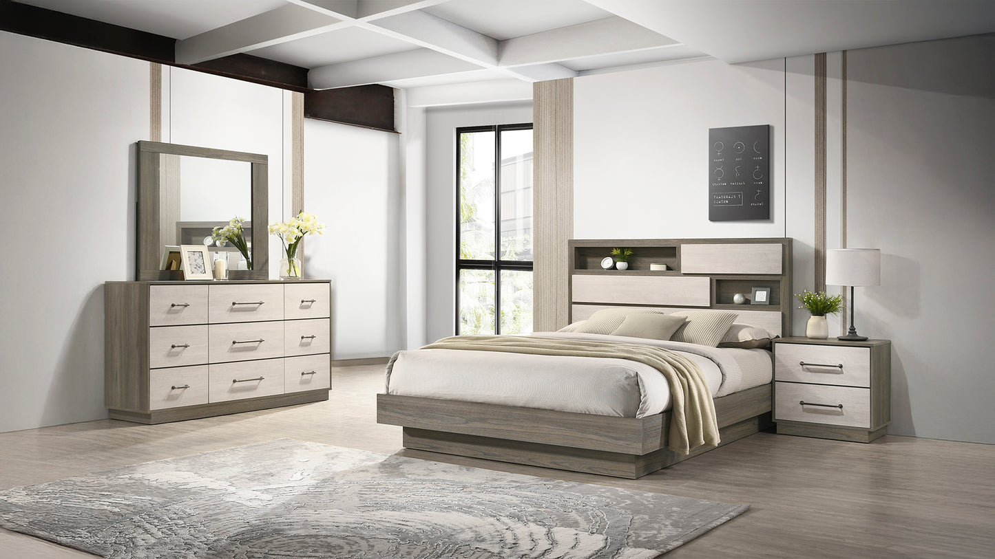 Modern gray and white queen bed with integrated storage headboard and nightstand