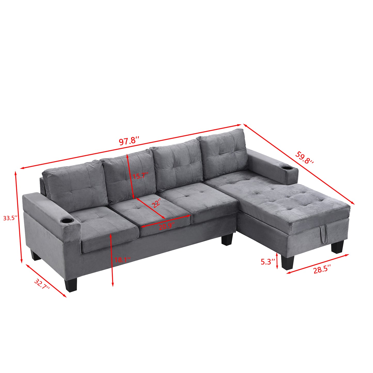 Gray velvet sectional sofa with tufted cushions and hidden storage chaise