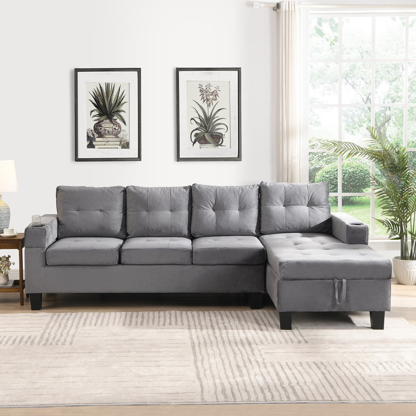 Plush grey velvet sectional sofa with tufted cushions and chaise storage