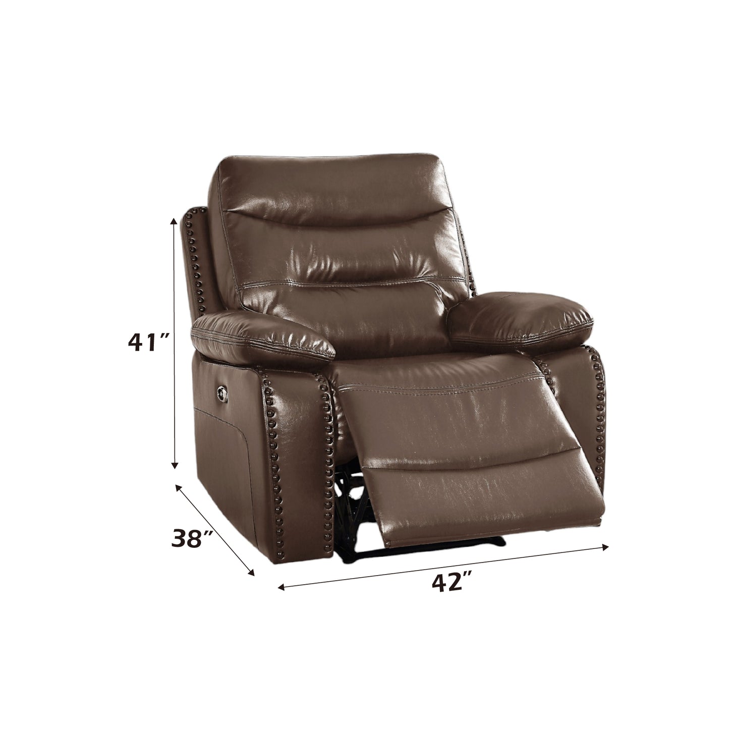 Brown leather recliner with studded accents and footrest extended