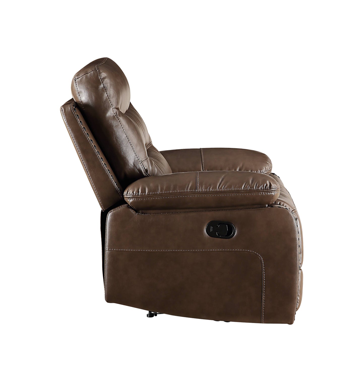 Brown faux leather recliner chair with plush cushioning and stitched details