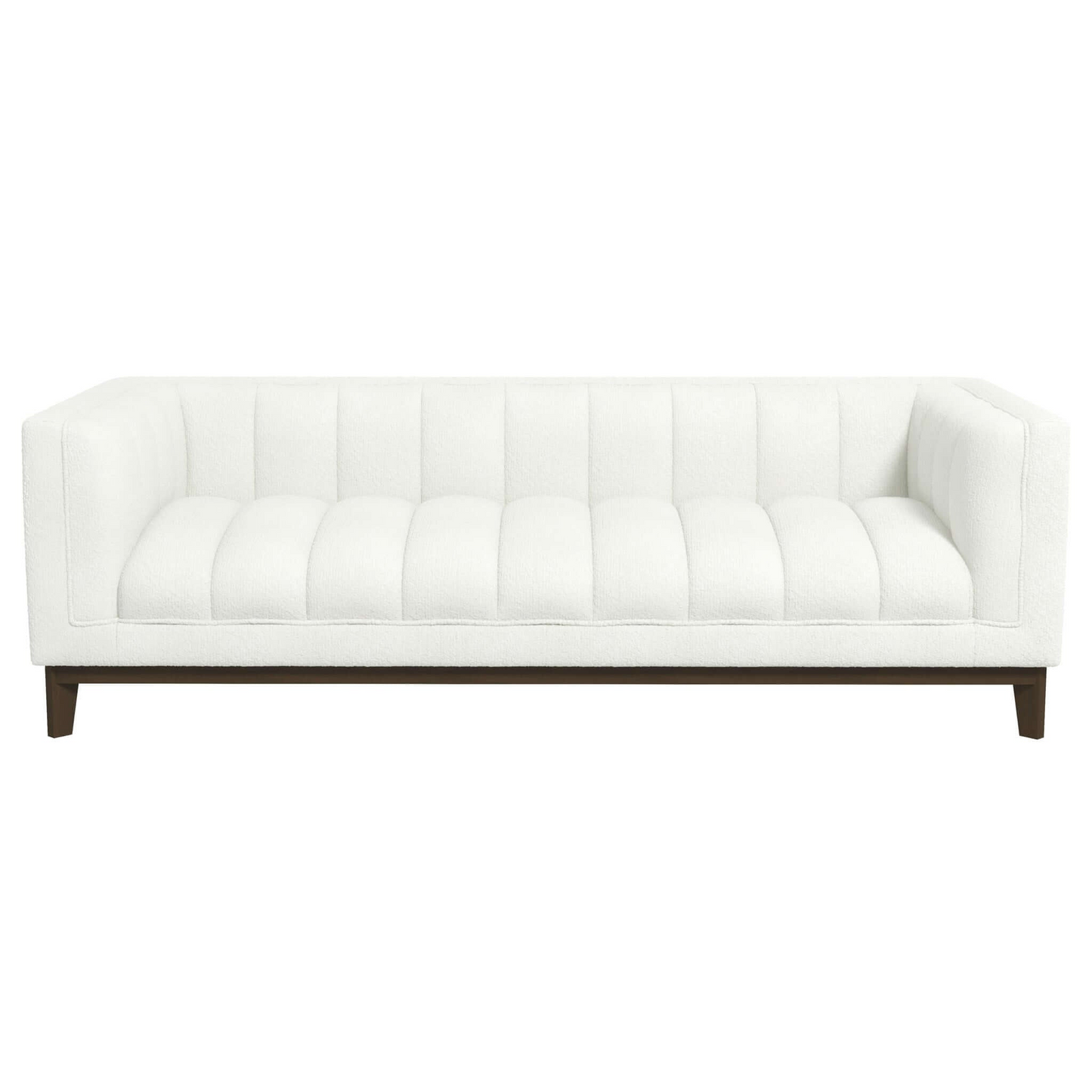 White boucle tufted sofa with dark wooden legs