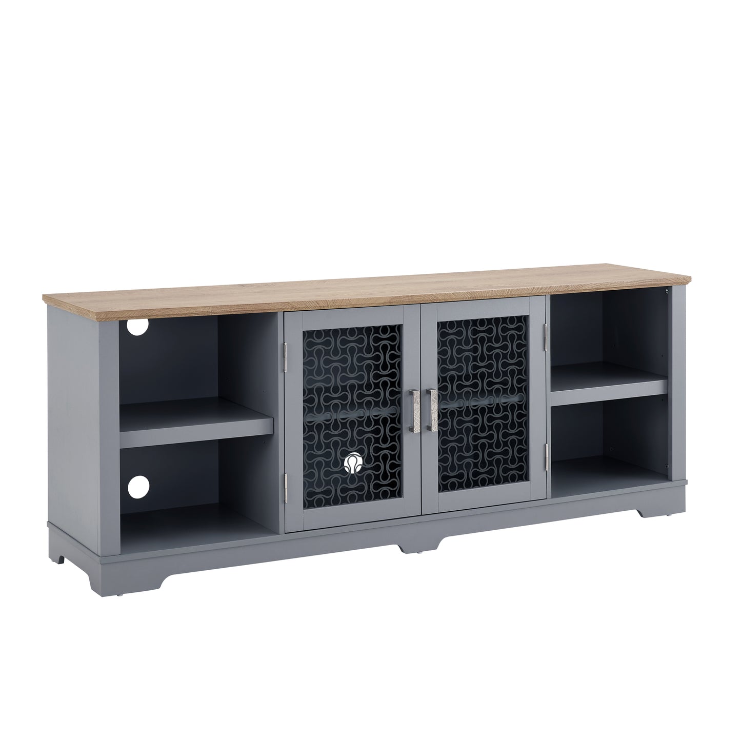 Gray media console with wood top and decorative glass doors