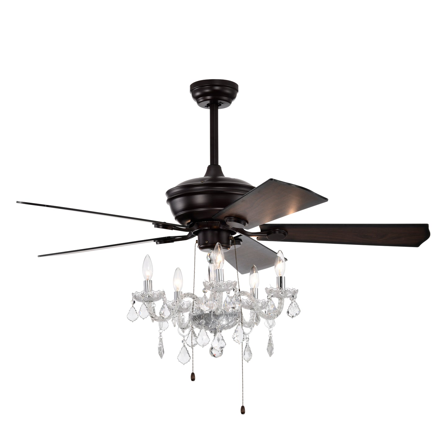 Dark bronze ceiling fan with five woodgrain blades and crystal chandelier
