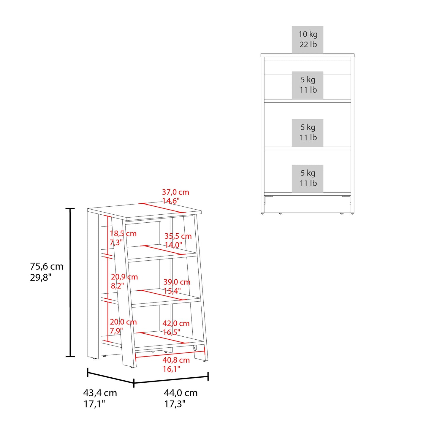 Diagram showing measurements for a modern ladder shelf