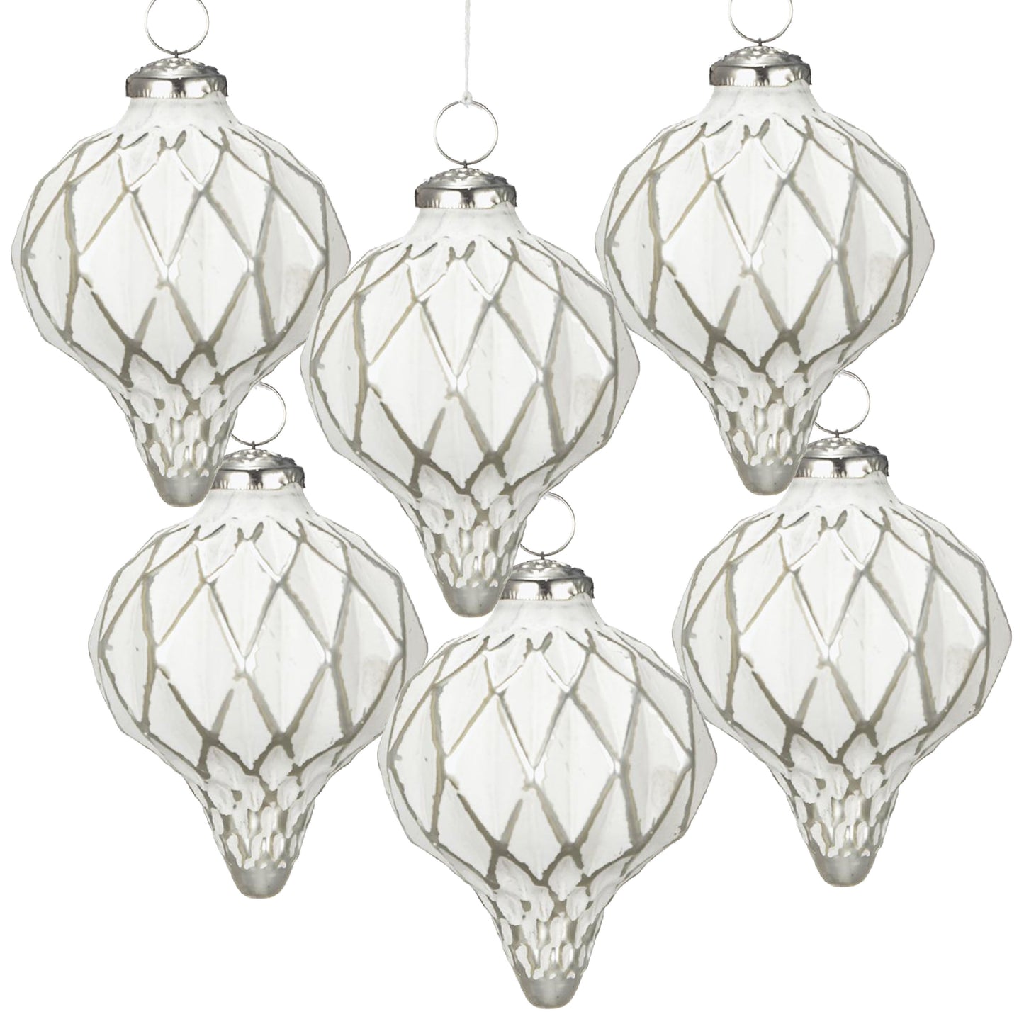 Set of clear glass teardrop Christmas ornaments with silver diamond pattern