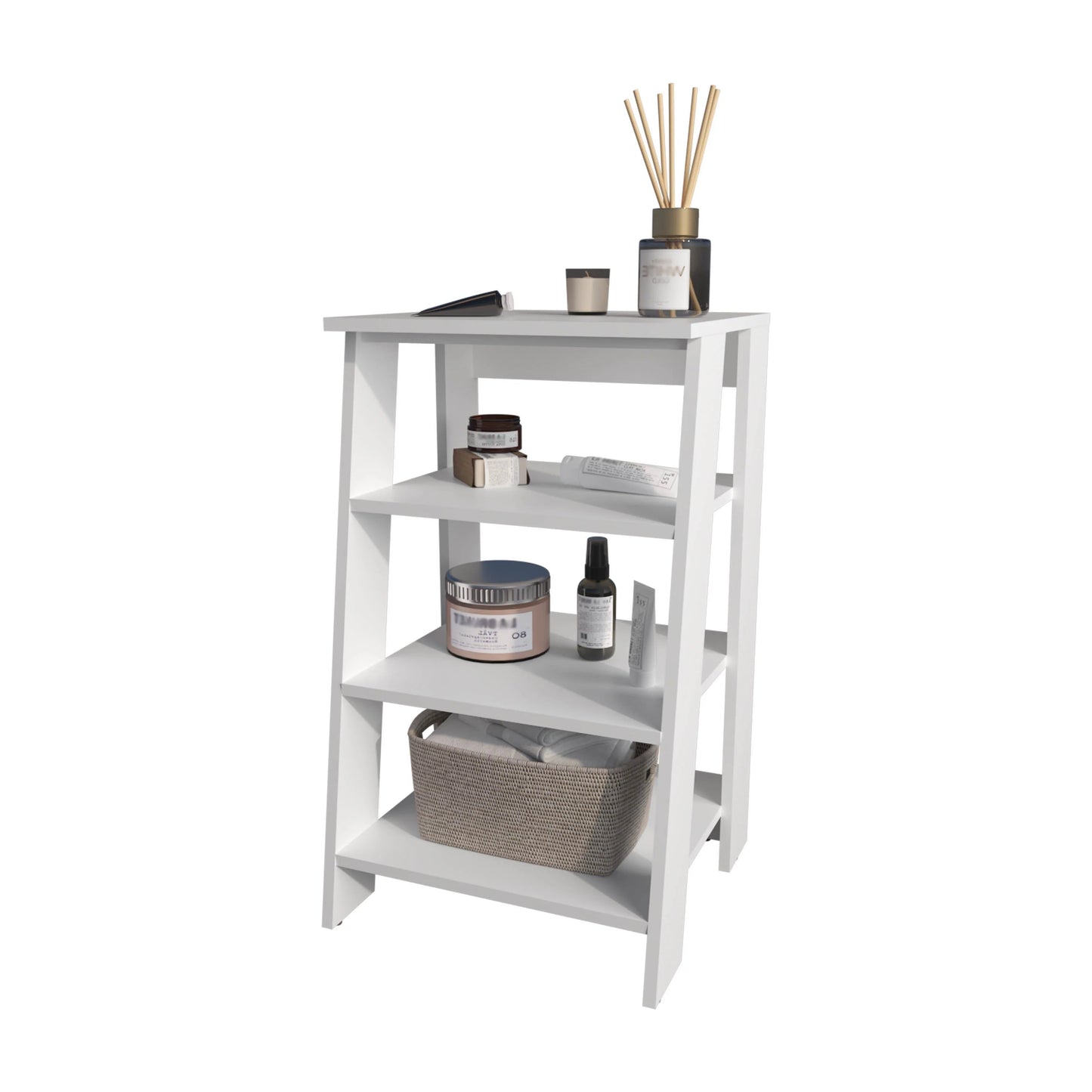 White modern step shelf displaying skincare products and a woven basket