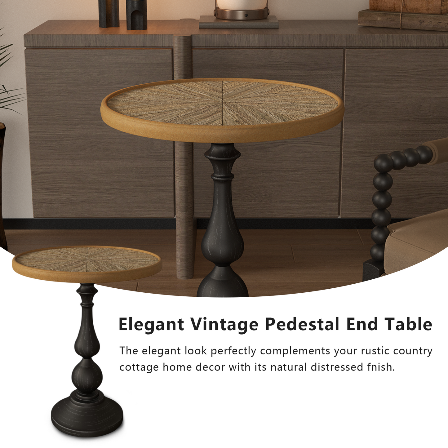 Round pedestal end table with distressed black base and natural woven top