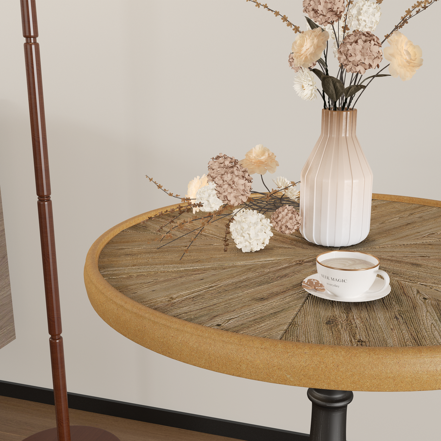Round wood accent table with woven surface