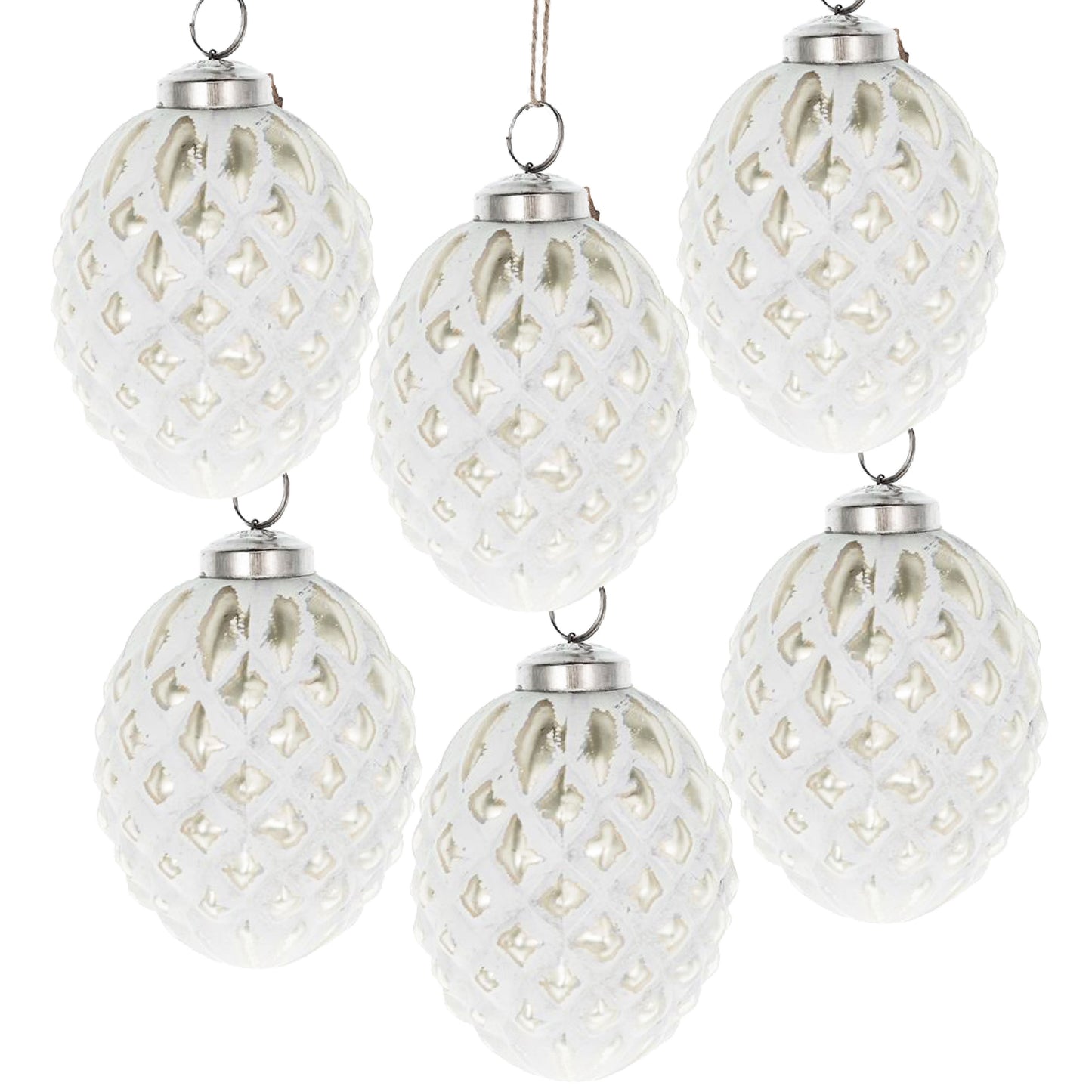 Set of six white textured pinecone christmas ornaments