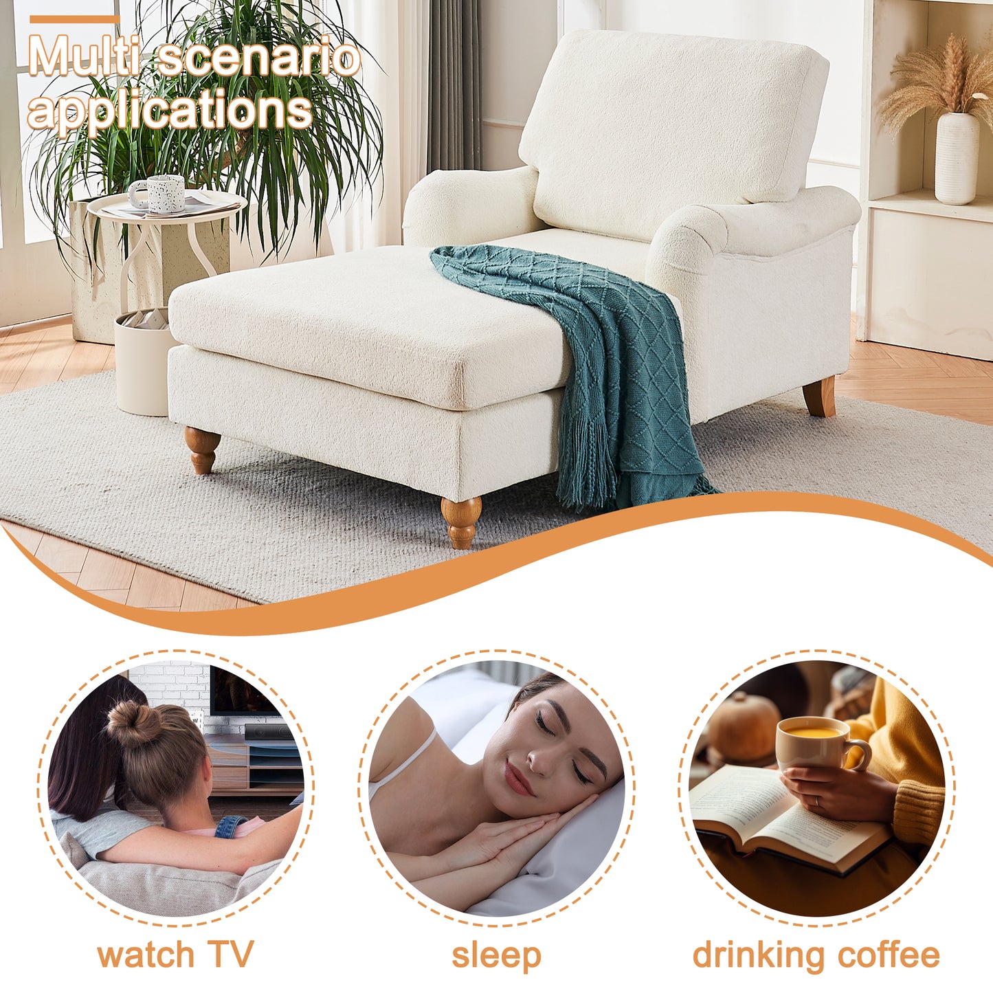 Plush white armchair with chaise lounge and teal throw blanket