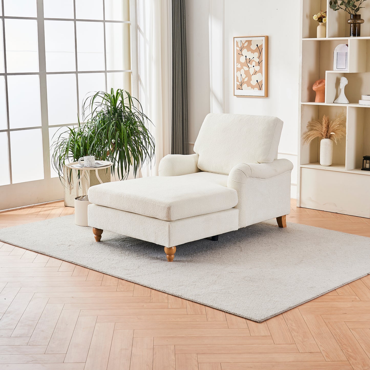 Cream sherpa fabric chaise lounge with rolled arms and wooden legs
