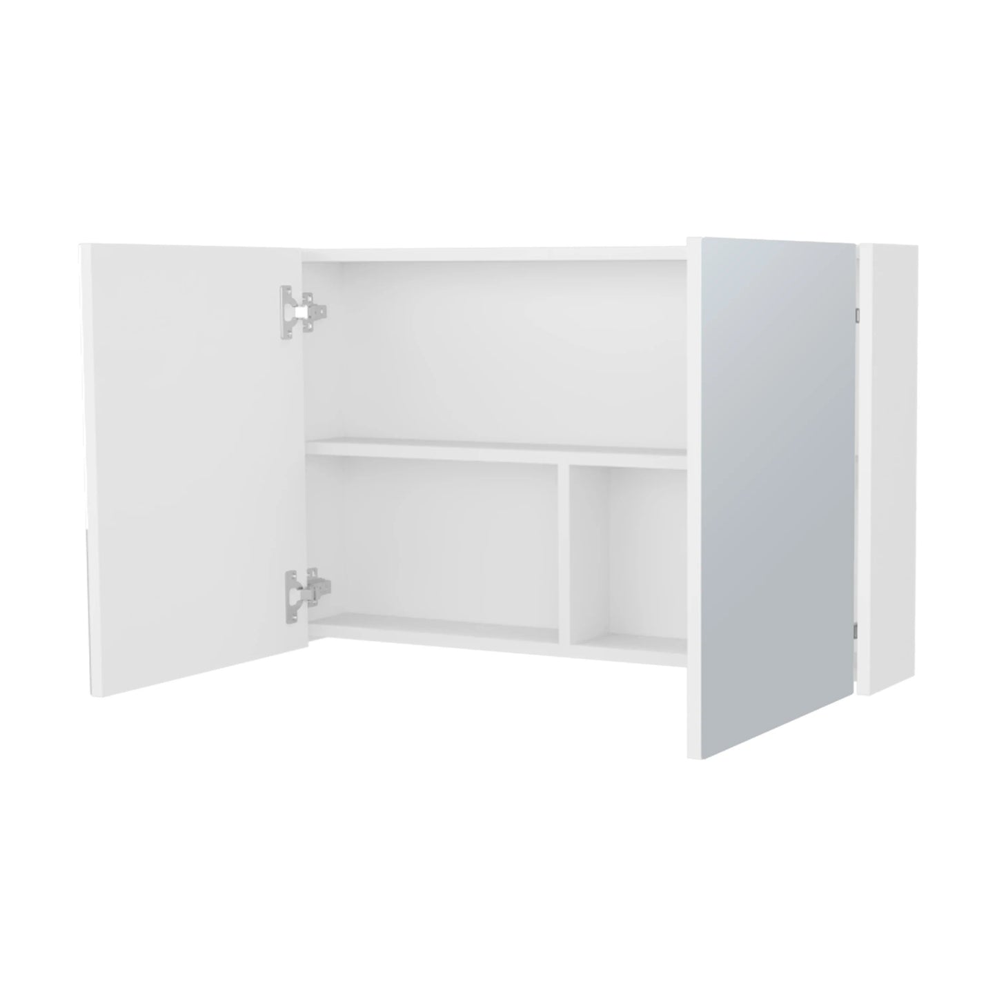 White wallmounted cabinet with two open doors and interior shelves