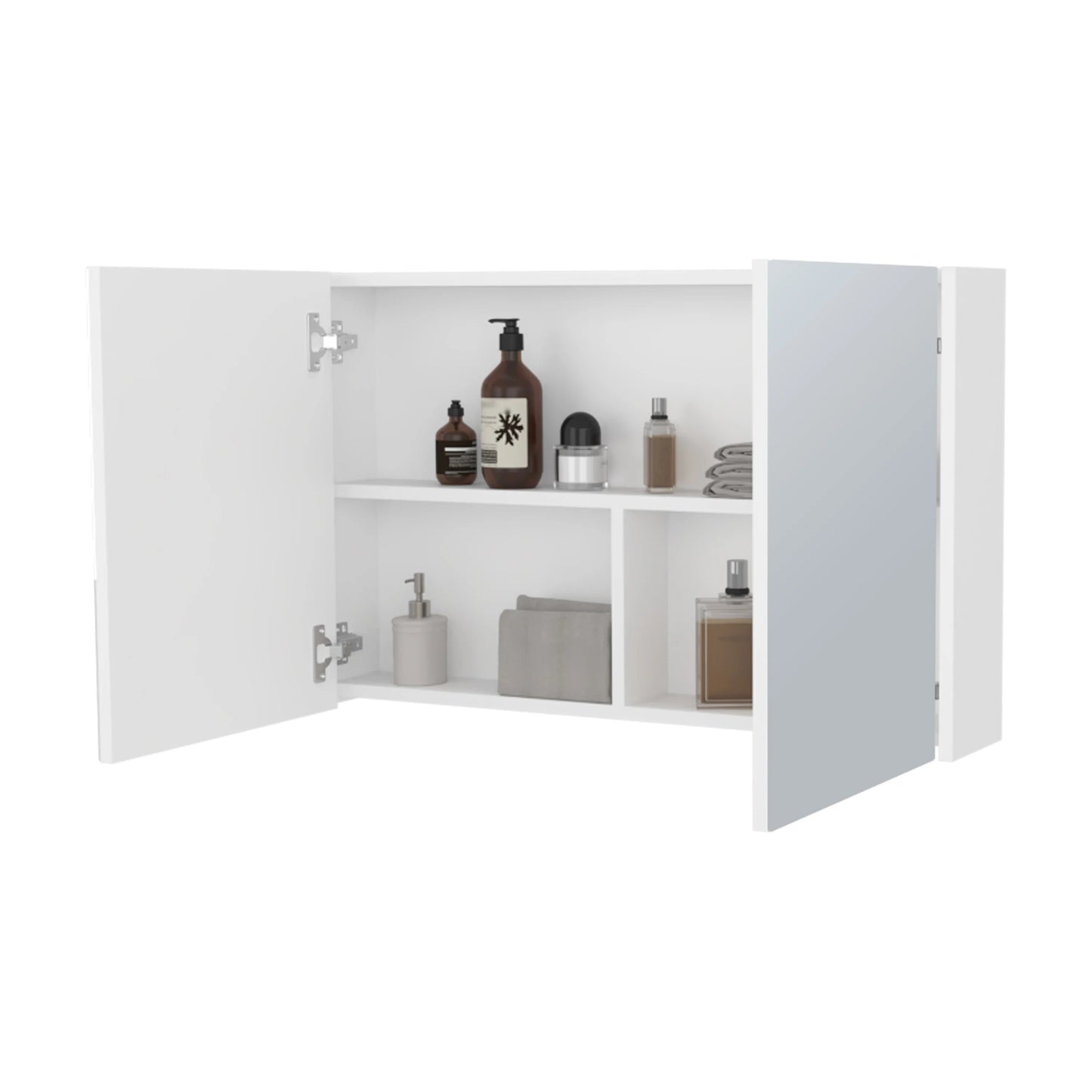 Modern white wallmounted bathroom cabinet with mirrored doors and open shelving