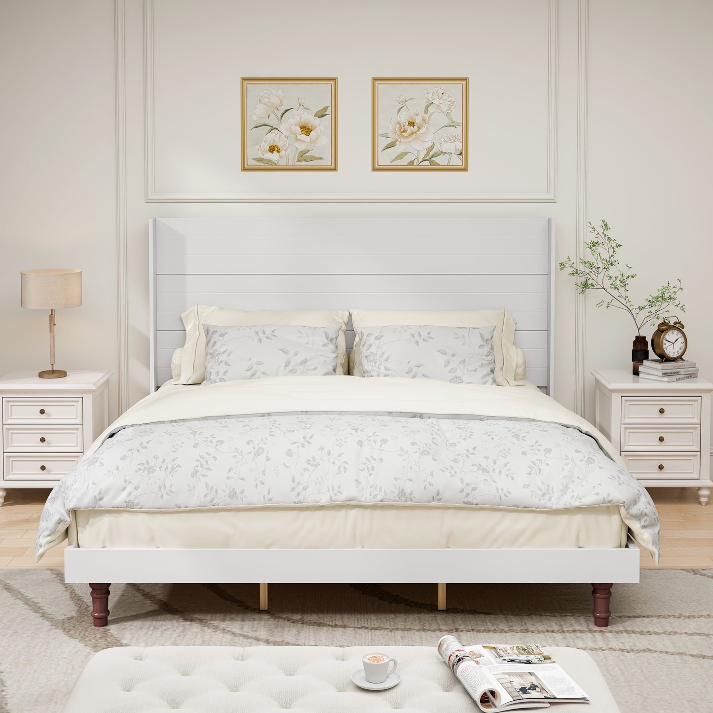 Queen size white wood bed frame with floral bedding