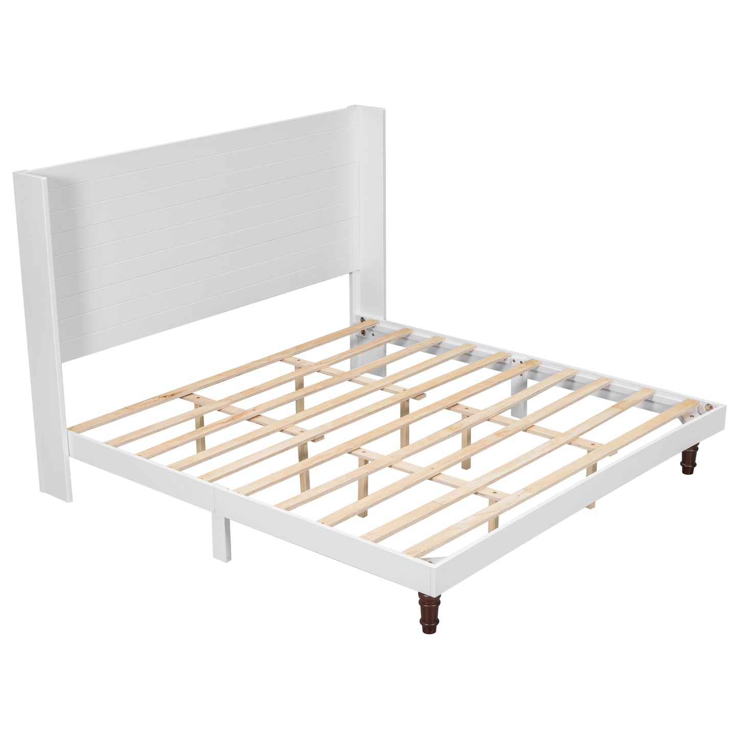 White wooden queen bed frame with horizontal headboard slats and slat support system