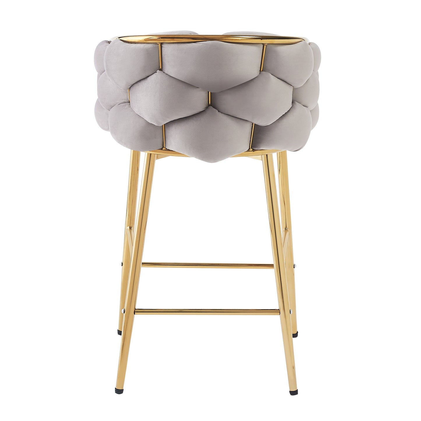 Plush grey velvet bar stool with tufted design and gold metal legs