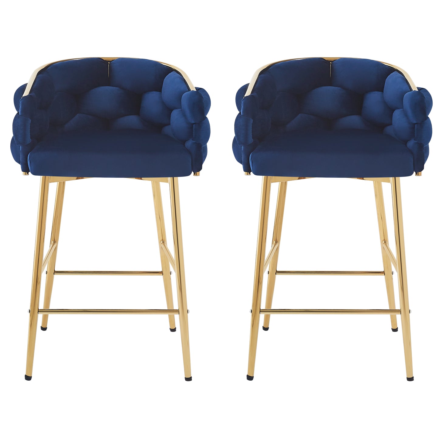 Pair of navy velvet bar stools with gold metal legs and tufted backrests