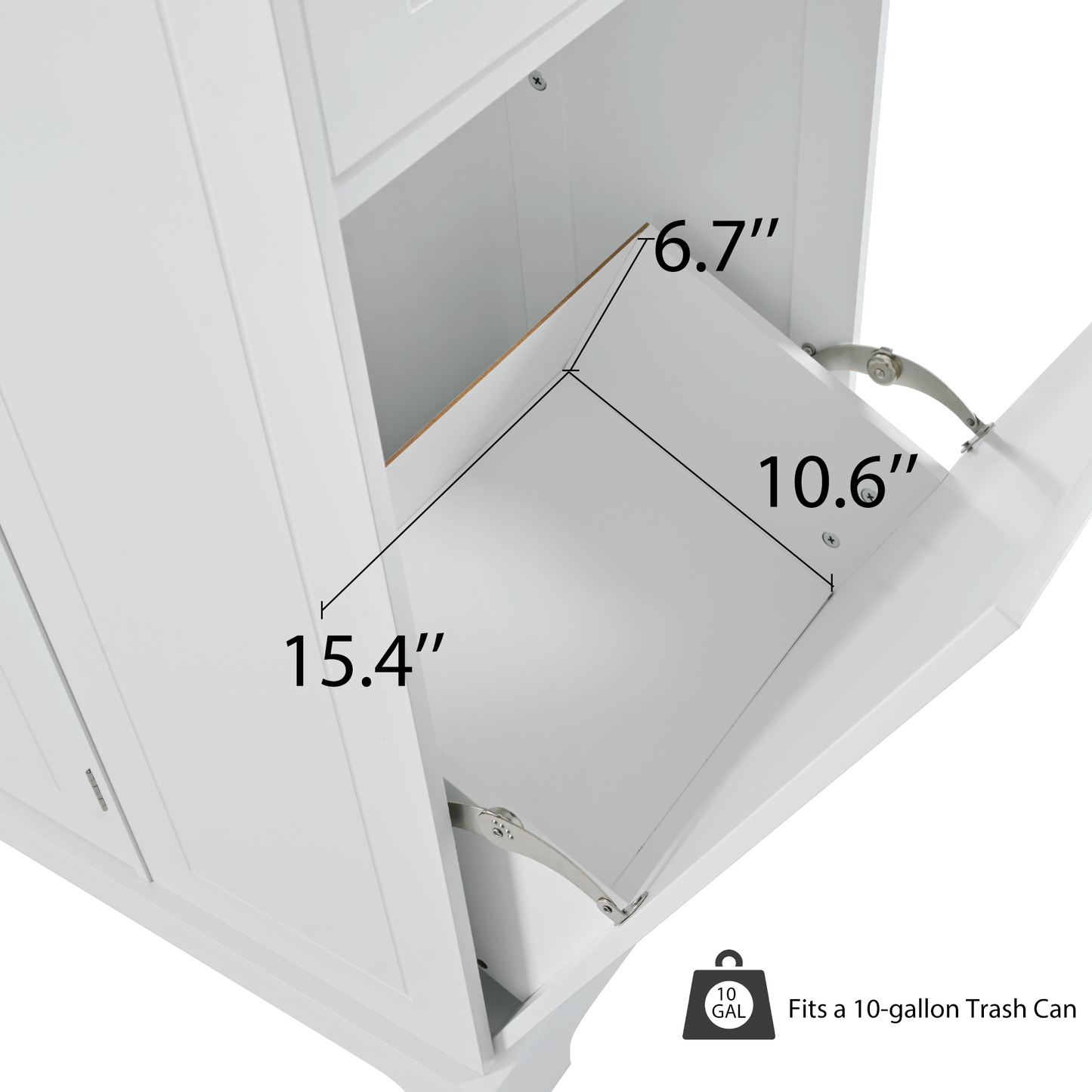 White bathroom vanity cabinet with integrated gallon trash can compartment