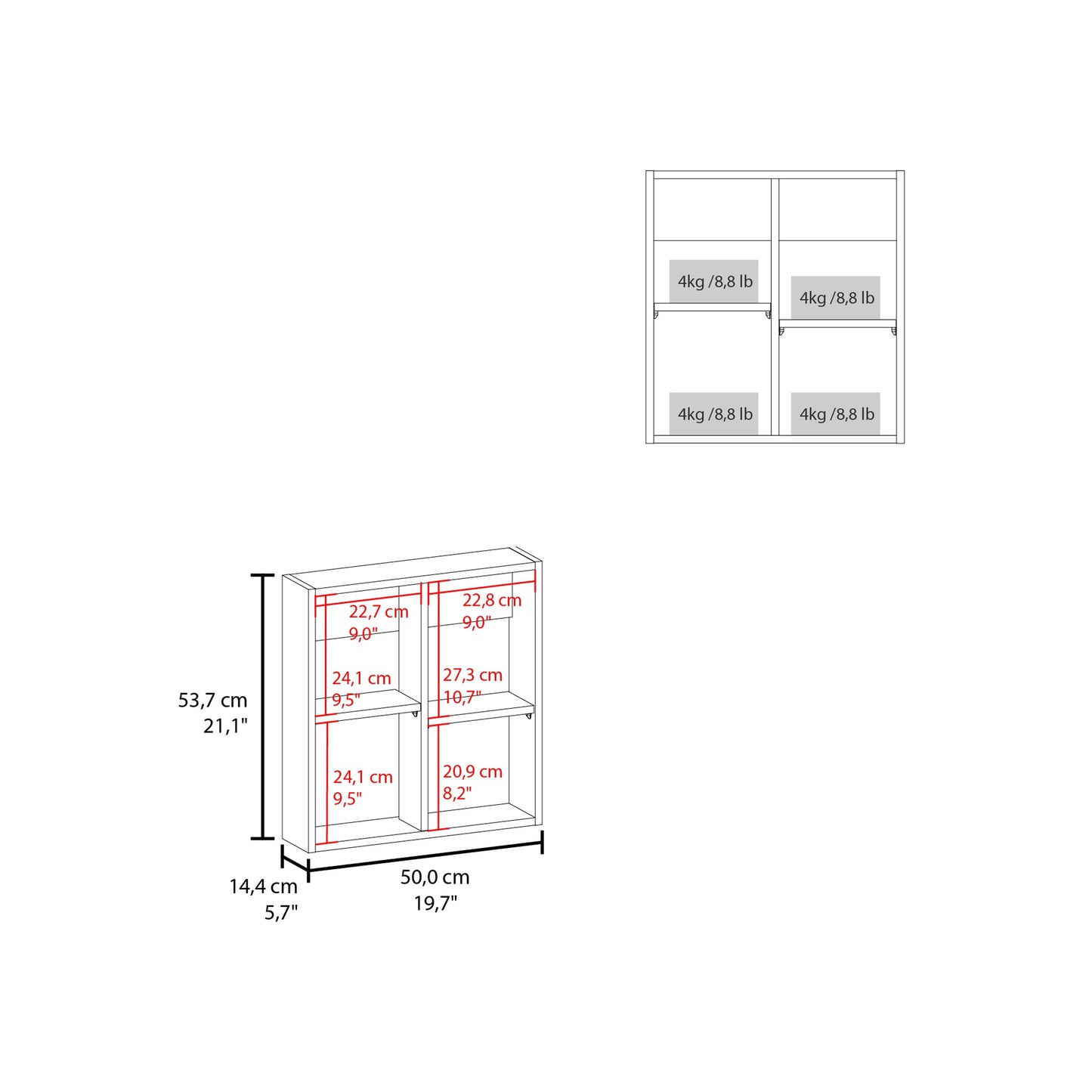 Diagram of a white shelving unit with dimensions