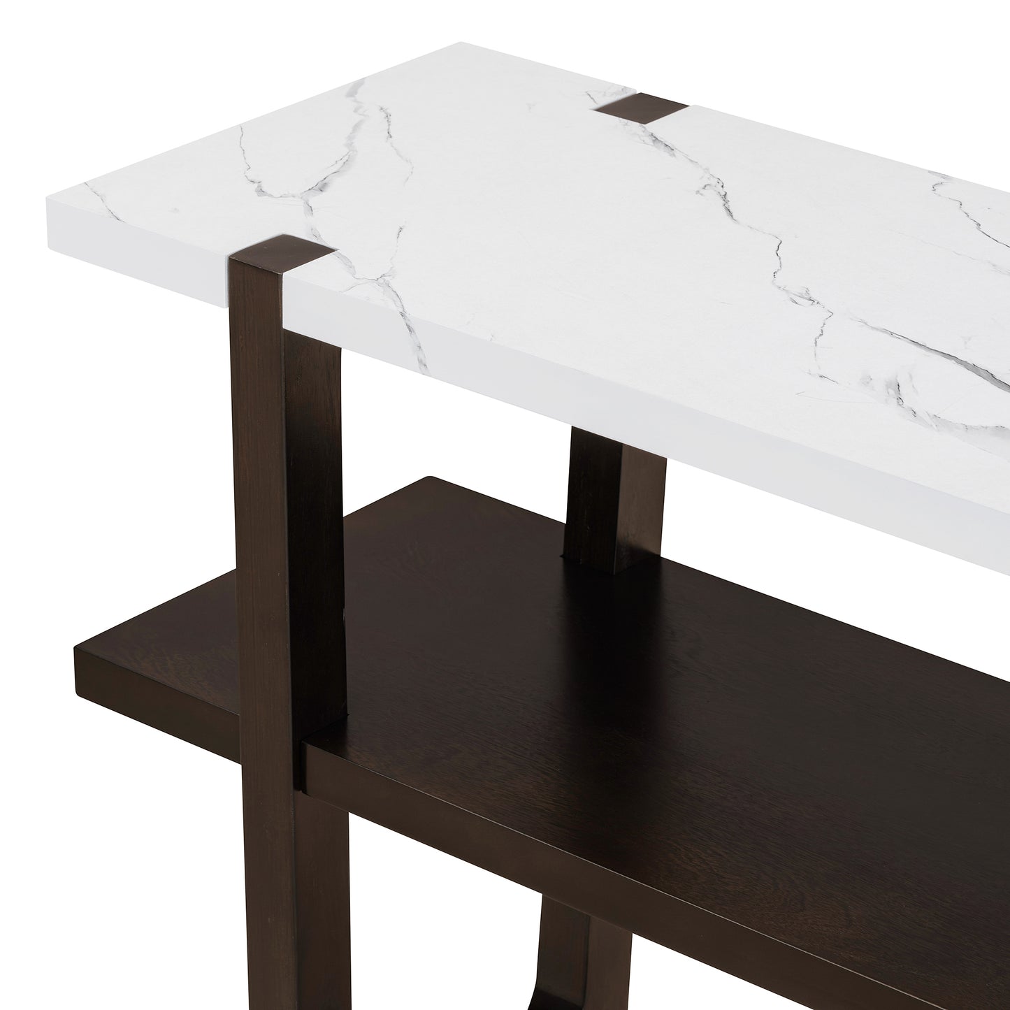 Modern console table with white marble top and dark wood frame