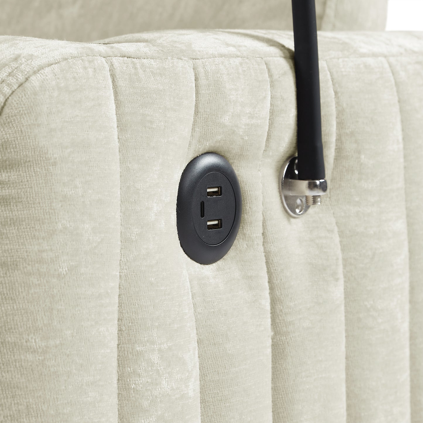 Cream velvet sofa with integrated dual USB charging ports