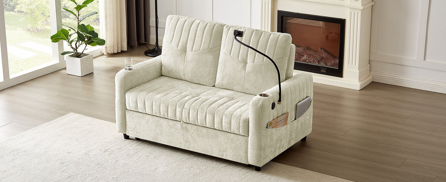 Cream velvet loveseat sofa with builtin reading lamp and cup holder
