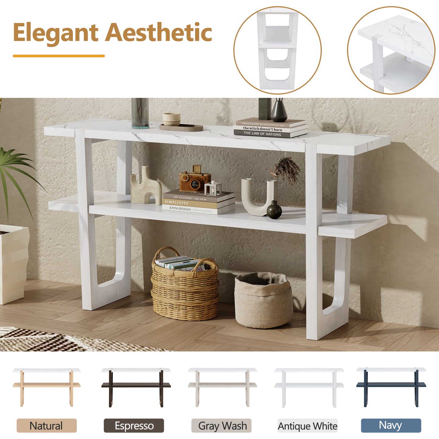 Antique white twotier console table with marblelook top and modern legs