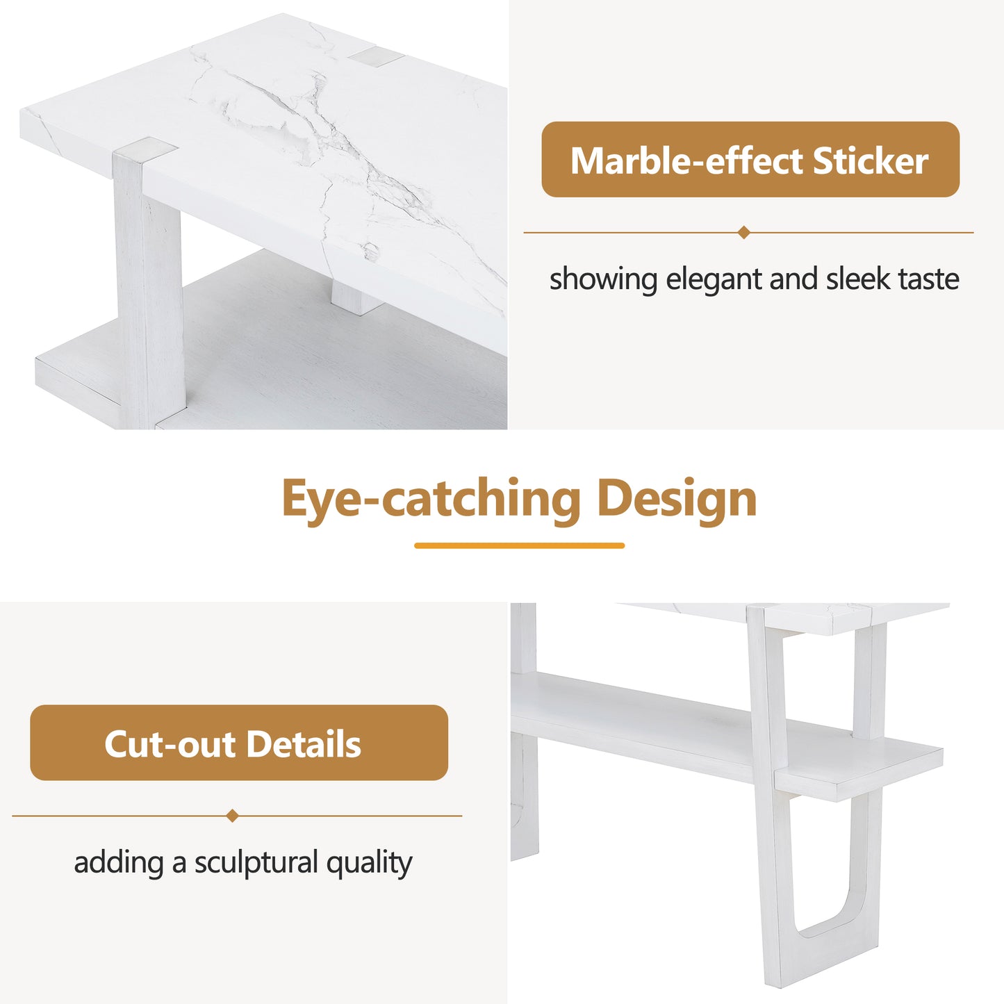 White marbleeffect coffee table with two shelves and cutout details
