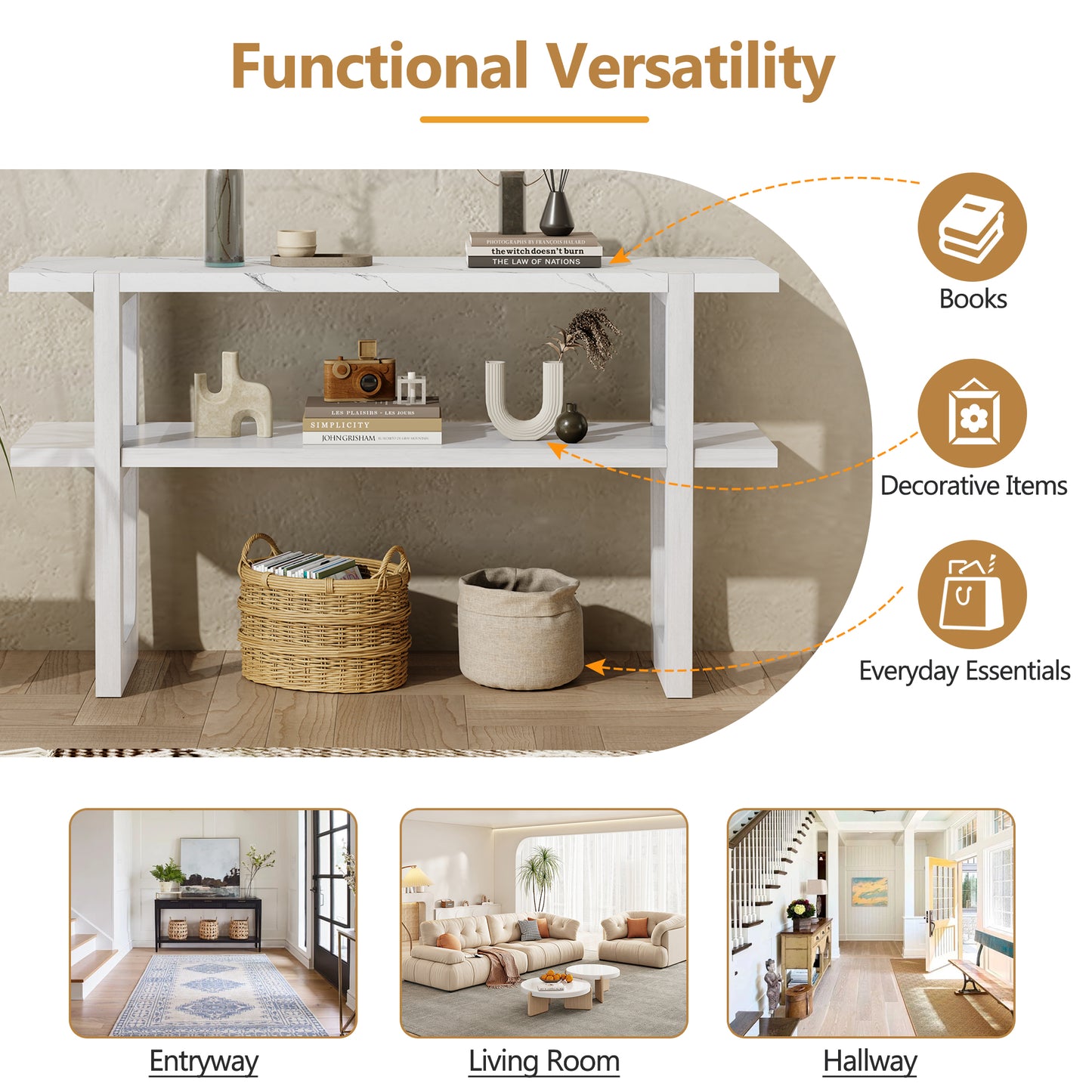 White marbleeffect console table with two shelves holding decorative objects and baskets