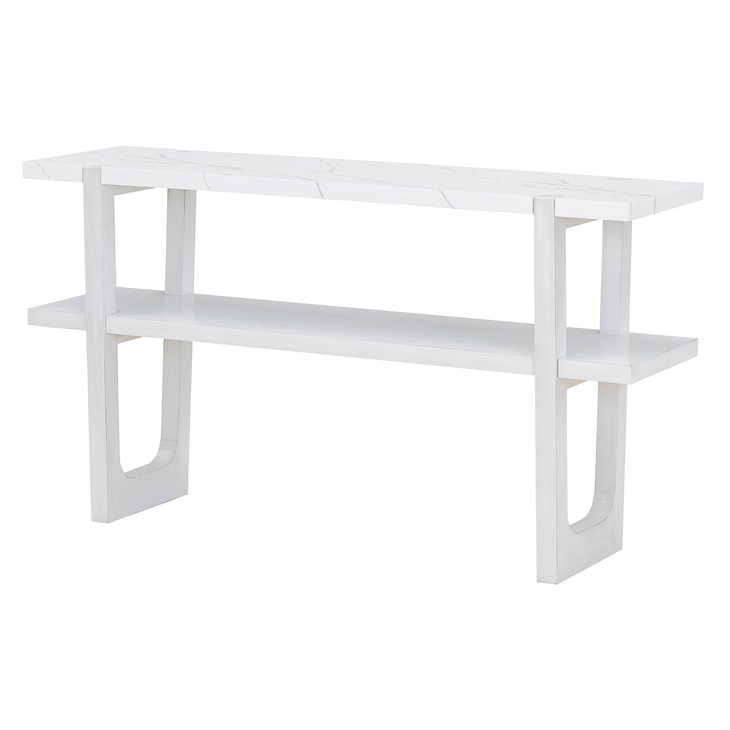 Modern white marbletop console table with two open shelves