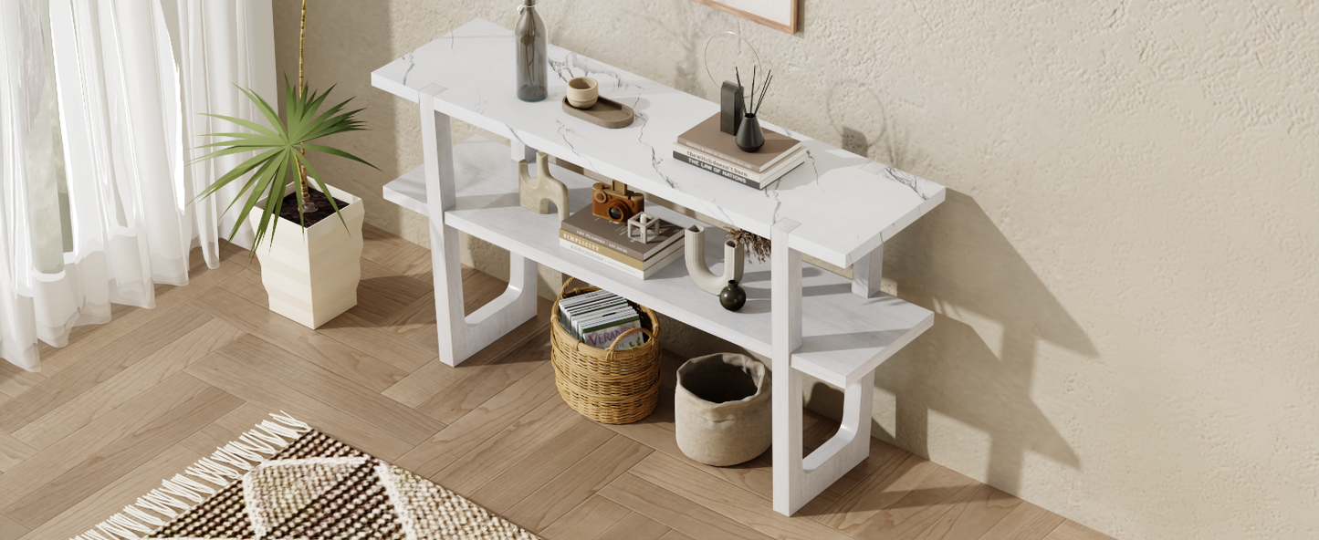 White marble effect console table with two shelves